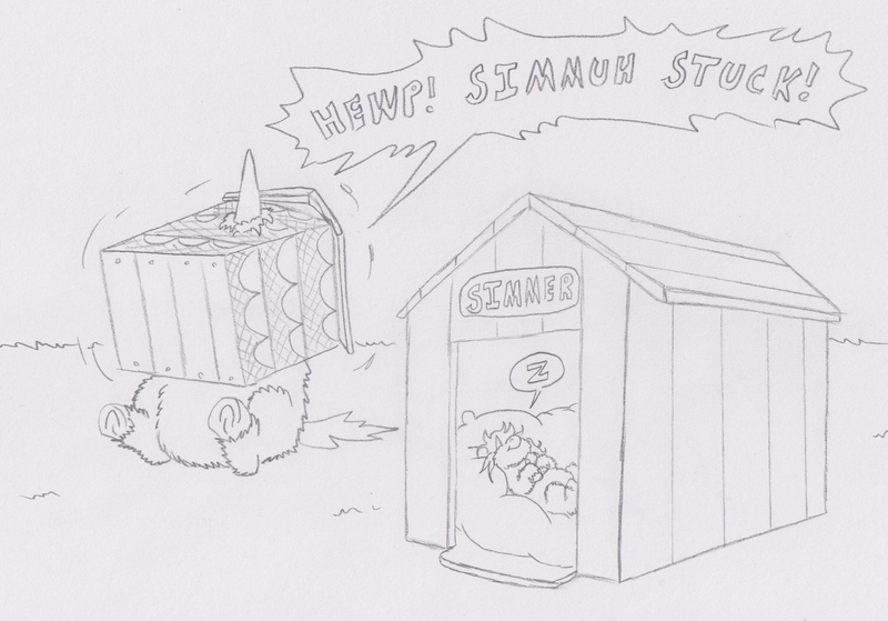 Size: 1800x1258 | Tagged: artist:santanon, dog house, fluffy pony, miranda, monochrome, safe, simmer, sleeping, stuck