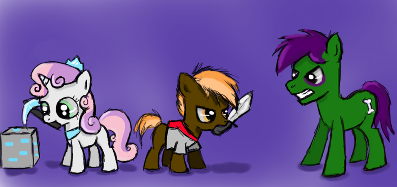 Size: 1218x574 | Tagged: safe, artist:littlehappypanda, derpibooru import, button mash, sweetie belle, earth pony, pony, undead, unicorn, zombie, zombie pony, colt, diamond ore, diamond pickaxe, female, filly, foal, male, minecraft, minecraft block, mouth hold, pickaxe, purple background, shipping, simple background, straight, sweetiemash, sword, zombie jan