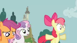 Size: 1366x768 | Tagged: apple bloom, cutie mark crusaders, derp, derpibooru import, force field, frown, ponyville confidential, safe, scootaloo, screencap, scrunchy face, squishy, sweetie belle