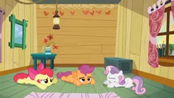 Size: 1366x768 | Tagged: apple bloom, bored, clubhouse, crusaders clubhouse, cutie mark crusaders, derpibooru import, ponyville confidential, sad, safe, scootaloo, screencap, sweetie belle