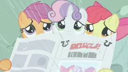 Size: 1366x768 | Tagged: apple bloom, cutie mark crusaders, derpibooru import, newspaper, ponyville confidential, rain, safe, scootaloo, screencap, sweetie belle