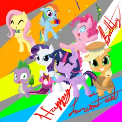 Size: 2250x2250 | Tagged: safe, artist:rixnane, derpibooru import, applejack, fluttershy, pinkie pie, rainbow dash, rarity, spike, twilight sparkle, twilight sparkle (alicorn), alicorn, pony, female, happy birthday, mane seven, mane six, mare