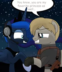 Size: 2600x3000 | Tagged: safe, artist:drako1997, derpibooru import, princess luna, ponified, gamer luna, blushing, crossover, crossover shipping, female, leon s. kennedy, male, night, resident evil, shipping, straight