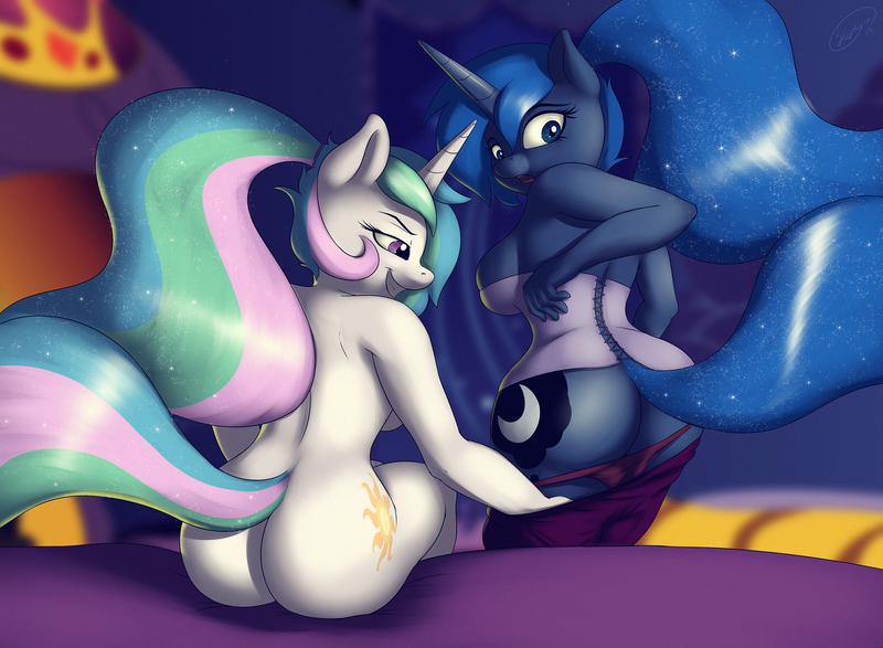 Size: 2500x1833 | Tagged: alicorn, anthro, artist:skipsy, ass, breasts, clothes, corset, derpibooru import, female, moonbutt, open mouth, panties, panties pulled down, princess celestia, princess luna, questionable, skipsy strikes again, smiling, sunbutt, teasing, underwear, wingless, wingless anthro