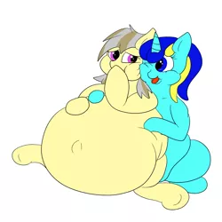 Size: 1280x1280 | Tagged: artist:watertimdragon, belly, belly button, chubby, derpibooru import, fat, feeding, morbidly obese, obese, oc, oc:cheese cake, oc:jester bells, safe, unofficial characters only