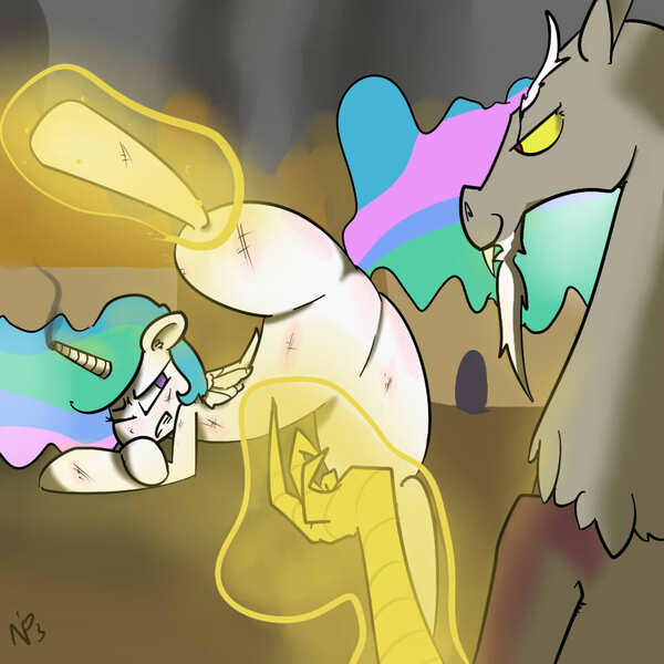 Size: 960x960 | Tagged: artist:whydomenhavenipples, bruised, derpibooru import, discord, featureless crotch, female, grimdark, imminent rape, magic, male, princess celestia, questionable, straight