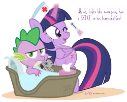 Size: 825x660 | Tagged: safe, artist:dm29, derpibooru import, smarty pants, spike, twilight sparkle, twilight sparkle (alicorn), alicorn, pony, duo, female, mare, nurse, pun, sick, simple background, spike is not amused, thermometer, tissue, tissue box, transparent background, unamused