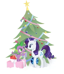 Size: 1754x2000 | Tagged: safe, artist:margony, derpibooru import, rarity, spike, christmas tree, female, male, present, shipping, snow, sparity, straight, tree