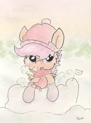 Size: 672x908 | Tagged: artist:slightlyshade, clothes, derpibooru import, hat, safe, scarf, scootaloo, snow, snow fort, solo, traditional art
