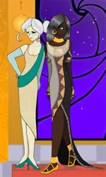 Size: 600x1000 | Tagged: safe, artist:greenvelvetcake, derpibooru import, mayor mare, zecora, human, alternate hairstyle, clothes, dark skin, dress, glasses, humanized, light skin