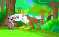 Size: 2560x1600 | Tagged: safe, artist:mysticalpha, derpibooru import, gilda, spike, gryphon, bedroom eyes, blushing, bush, commission, cute, female, forest, grass, kissing, male, shipping, spikelove, spilda, straight, tree, wallpaper