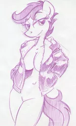 Size: 651x1086 | Tagged: anthro, artist:trollie trollenberg, belly button, breasts, busty scootaloo, clothes, derpibooru import, female, leather jacket, monochrome, nudity, older, scootaloo, solo, solo female, strategically covered, suggestive, traditional art