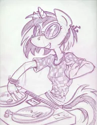 Size: 850x1100 | Tagged: safe, artist:trollie trollenberg, derpibooru import, vinyl scratch, anthro, unicorn, ear piercing, earring, female, jewelry, monochrome, piercing, solo, traditional art, turntable