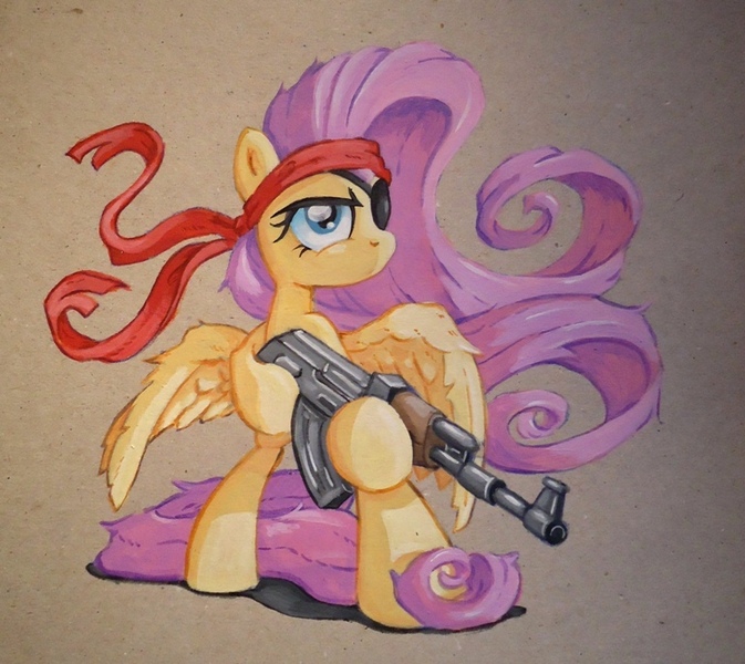 Size: 767x684 | Tagged: safe, artist:graffegruam, derpibooru import, fluttershy, pony, acrylic painting, ak-47, badass, bipedal, eyepatch, flutterbadass, gun, headband, ramboshy, solo, traditional art, weapon