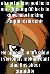 Size: 732x1091 | Tagged: safe, derpibooru import, button mash, earth pony, pony, angry, background pony strikes again, black background, butthurt, buttonhurt, caption, colt, drama, foal, grammar error, hat, hooves, image macro, male, meme, op started shit, propeller hat, rant, simple background, solo, text, vulgar