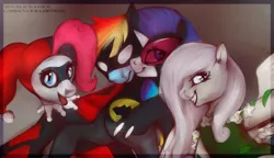 Size: 2449x1408 | Tagged: artist:risterdus, batman, catwoman, commission, crossover, derpibooru import, female, fluttershy, harley quinn, lesbian, parody, photo, pinkie pie, poison ivy, rainbow dash, raridash, rarity, safe, shipping