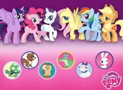 Size: 720x531 | Tagged: safe, derpibooru import, official, angel bunny, applejack, fluttershy, gummy, opalescence, owlowiscious, pinkie pie, rainbow dash, rarity, tank, twilight sparkle, twilight sparkle (alicorn), winona, alicorn, pony, female, mane six, mare, my little pony logo, stock vector