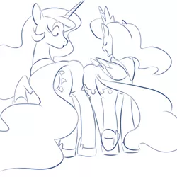 Size: 900x900 | Tagged: artist:goat train, butt bump, butt to butt, butt touch, derpibooru import, eyes closed, monochrome, moonbutt, :o, open mouth, plot, plot pair, princess celestia, princess luna, raised hoof, safe, sisters, sketch, smiling, sunbutt, surprised, wide eyes