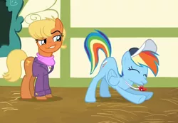 Size: 842x583 | Tagged: suggestive, derpibooru import, edit, edited screencap, screencap, ms. harshwhinny, rainbow dash, earth pony, pegasus, pony, flight to the finish, dat butt, exploitable meme, eyes on the prize, female, hat, iwtcird, mare, meme, smirk, smugdash, whistle