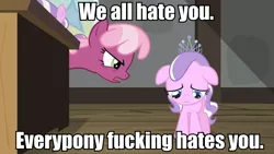 Size: 960x540 | Tagged: abuse, caption, cheerilee, derpibooru import, diamond tiara, edit, edited screencap, everypony hates diamond tiara, harsher in hindsight, hate, image macro, ponyville confidential, sad, safe, screencap, tiarabuse, vulgar