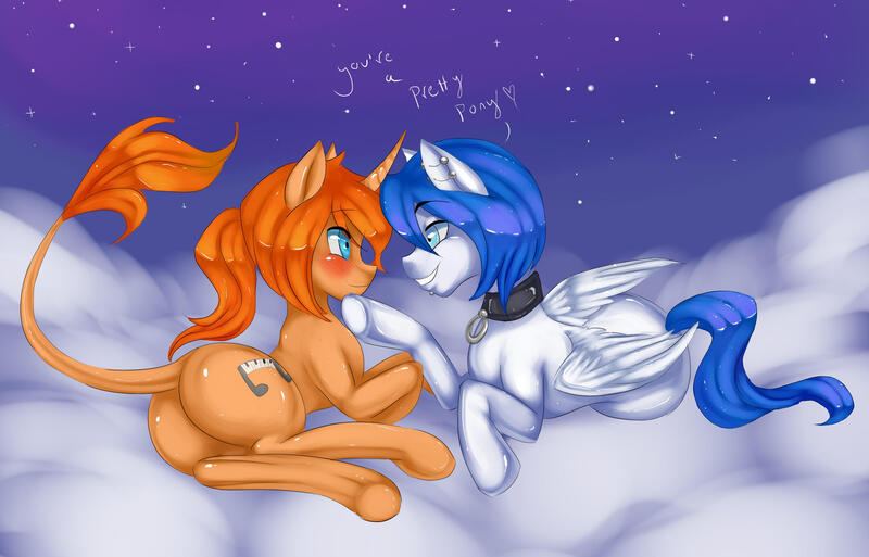 Size: 2696x1728 | Tagged: suggestive, artist:misukitty, derpibooru import, oc, unofficial characters only, classical unicorn, pegasus, pony, blushing, cloud, cloudy, collar, gay, leonine tail, male, shipping