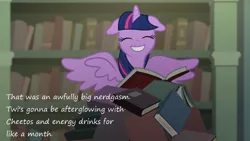 Size: 800x450 | Tagged: safe, derpibooru import, edit, edited screencap, screencap, twilight sparkle, twilight sparkle (alicorn), alicorn, pony, castle mane-ia, book, bookgasm, cheetos, female, insane pony thread, mare, nerdgasm, solo, wingboner