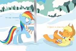 Size: 1024x683 | Tagged: safe, artist:dr-whiskey, derpibooru import, applejack, rainbow dash, applejerk, blushing, clothes, frozen, laughing, pole, prank, scarf, stuck, tongue out, tongue stuck to pole, wingless, winter