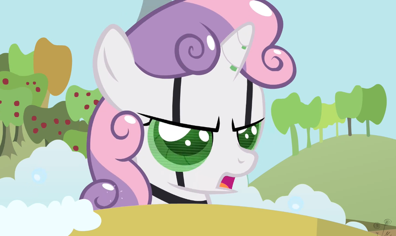 Size: 1145x683 | Tagged: safe, artist:niggerfaggot, derpibooru import, sweetie belle, pony, robot, unicorn, friendship is witchcraft, apple tree, bath, female, filly, foal, horn, link, open mouth, solo, sweetie bot, tree, youtube