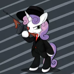 Size: 872x875 | Tagged: source needed, safe, artist:mcsadat, derpibooru import, sweetie belle, pony, robot, unicorn, bipedal, clothes, female, filly, foal, hat, hooves, horn, mafia, pants, solo, suit, sweetie bot, teeth, tommy gun