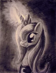 Size: 1867x2419 | Tagged: safe, artist:bigponymac, derpibooru import, princess luna, alicorn, pony, female, mare, monochrome, portrait, s1 luna, solo, traditional art