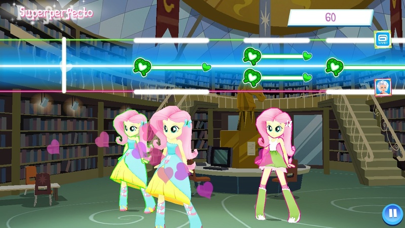 Size: 1136x640 | Tagged: safe, derpibooru import, fluttershy, equestria girls, boots, clothes, computer, fall formal outfits, gameloft, gameloft clones, high heel boots, library, multeity, skirt
