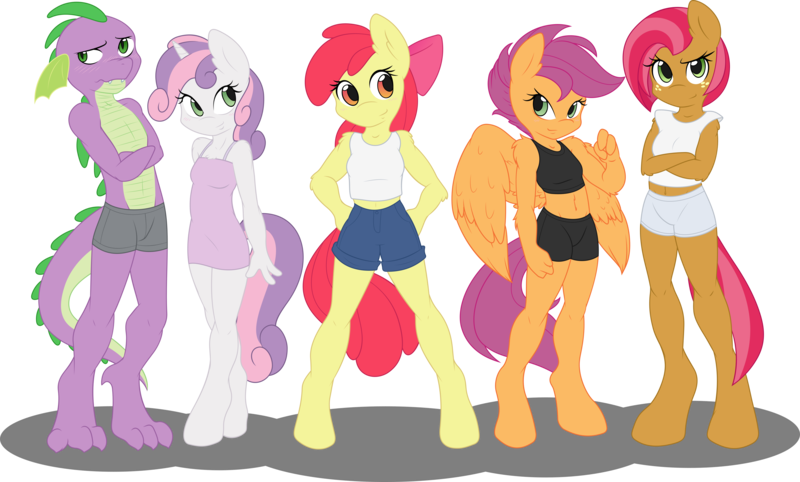 Size: 11504x6929 | Tagged: safe, artist:ambris, artist:gray-gold, derpibooru import, apple bloom, babs seed, scootaloo, spike, sweetie belle, anthro, dragon, earth pony, pegasus, unguligrade anthro, unicorn, .svg available, 3d, absurd resolution, bare chest, belly button, blushing, boxers, boyshorts, chart, clothes, colored, crossed arms, cutie mark crusaders, female, fluffy, height scale, hooves, midriff, nightgown, older, panties, shorts, simple background, size chart, size comparison, tanktop, teenager, topless, transparent background, underwear, vector