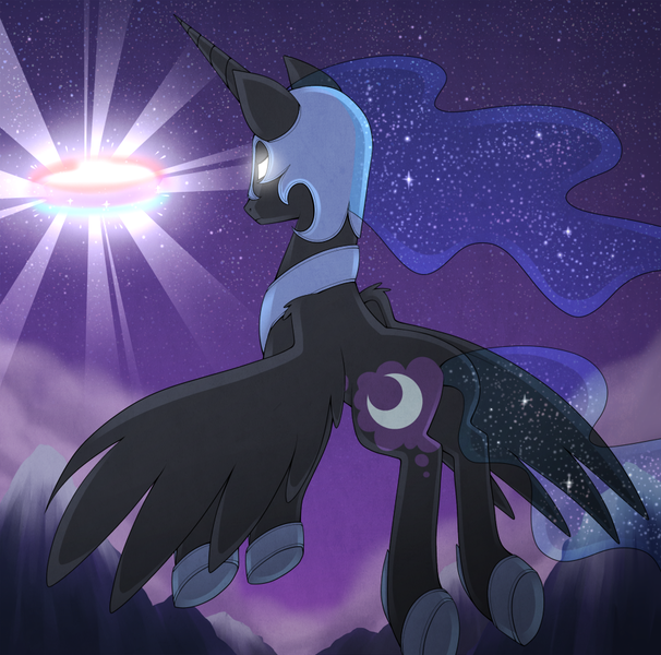 Size: 900x891 | Tagged: artist:stalkerpony, derpibooru import, fight, flying, magic, nightmare moon, safe, scene interpretation, solo