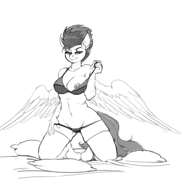 Size: 900x900 | Tagged: questionable, artist:kevinsano, derpibooru import, spitfire, anthro, pegasus, unguligrade anthro, bra, breasts, busty spitfire, clothes, female, flashing, grayscale, monochrome, nipples, nudity, panties, solo, solo female, underwear, undressing