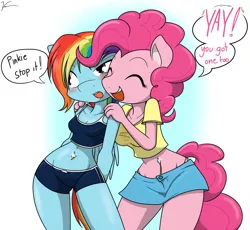 Size: 1573x1447 | Tagged: anthro, artist:sandwich-anomaly, belly button, bellyring, blushing, clothes, compression shorts, derpibooru import, dialogue, female, keep calm and carry on, panties, piercing, pinkie pie, rainbow dash, safe, sports bra, thong, underwear