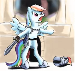 Size: 756x716 | Tagged: artist needed, source needed, safe, derpibooru import, rainbow dash, pegasus, pony, armor, belt, bipedal, female, gladiator, helmet, mare, open mouth, simple background, solo, sword