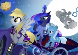 Size: 900x639 | Tagged: safe, artist:pixelkitties, derpibooru import, derpy hooves, princess luna, silver spoon, trixie, pegasus, pony, armor, bedroom eyes, carriage, chase, clothes, female, flying, grin, magic, magic shirt, mare, moon, muffin, open mouth, pixelkitties' brilliant autograph media artwork, shirt, smiling, telekinesis