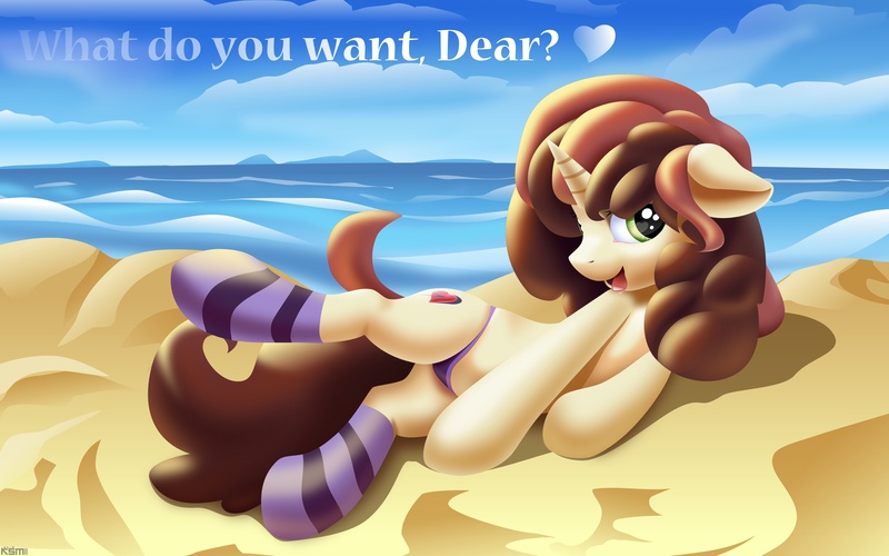 Size: 3840x2400 | Tagged: suggestive, artist:roadsleadme, derpibooru import, oc, unofficial characters only, pony, unicorn, beach, canes venatici, clothes, female, panties, sand, socks, soft shading, solo, solo female, striped socks, sultry pose, underwear, vector