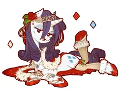 Size: 881x668 | Tagged: safe, artist:umeguru, artist:うめぐる, derpibooru import, part of a set, rarity, pony, unicorn, christmas, clothes, female, holiday, image, incorrect leg anatomy, jewelry, looking at you, lying down, mare, open mouth, pixiv, png, prone, simple background, smiling, solo, solo female, white background, winter outfit