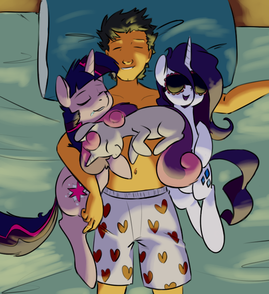 Size: 640x700 | Tagged: artist:goat train, bed, belly button, blindfold, boxers, clothes, cuddle puddle, cuddling, cute, derpibooru import, drool, eyes closed, female, human, human on pony snuggling, lucky bastard, male, on back, open mouth, pillow, pony pile, rarity, safe, sleeping, smiling, snuggling, straight, sweetie belle, topless, twilight sparkle, underwear
