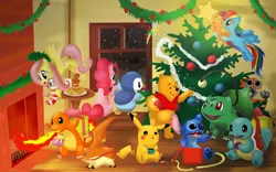 Size: 1920x1200 | Tagged: 101 dalmatians, artist:clophil, bulbasaur, charmander, christmas, crossover, dalmatian, derpibooru import, digimon, disney, fluttershy, gingerbread man, lilo and stitch, patamon, pikachu, pinkie pie, piplup, pokémon, rainbow dash, safe, santa claus, scootaloo, shrek, squirtle, stitch, tinkerbell, wall-e, winnie the pooh