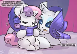 Size: 1500x1055 | Tagged: safe, artist:atryl, derpibooru import, rarity, sweetie belle, pony, unicorn, 30 minute art challenge, cute, dialogue, diasweetes, eyes closed, female, filly, lying, lying down, mare, music notes, open mouth, prone, sisters, sitting, smiling, speech bubble, tail wrap, talking