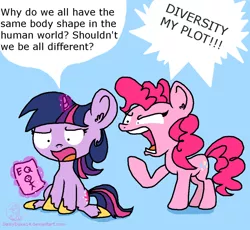 Size: 1024x943 | Tagged: safe, artist:daisy-dictator, derpibooru import, pinkie pie, twilight sparkle, equestria girls, dialogue, diversity, drama, equestria girls drama, irony, speech bubble, text