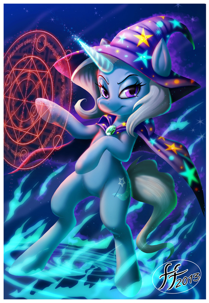 Size: 882x1276 | Tagged: safe, artist:14-bis, derpibooru import, trixie, pony, bipedal, cape, clothes, female, glowing horn, hat, looking at you, magic, magic circle, mare, palindrome get, smiling, solo, trixie's cape, trixie's hat