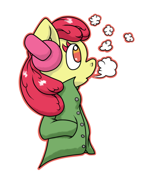 Size: 1109x1193 | Tagged: anthro, apple bloom, artist:thepiplup, breath, clothes, coat, derpibooru import, earmuffs, safe, solo, winter