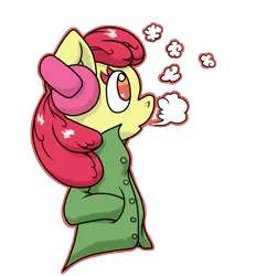 Size: 1109x1193 | Tagged: anthro, apple bloom, artist:thepiplup, breath, clothes, coat, derpibooru import, earmuffs, safe, solo, winter