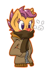 Size: 893x1329 | Tagged: anthro, artist:thepiplup, breath, clothes, coat, derpibooru import, safe, scarf, scootaloo, solo