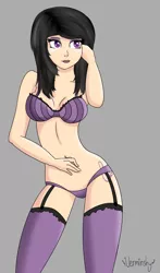 Size: 1761x3000 | Tagged: artist:verminshy, belly button, bra, breasts, clothes, derpibooru import, female, frilly underwear, human, humanized, light skin, lingerie, makeup, octavia melody, solo, solo female, striped underwear, suggestive, thigh highs, underwear