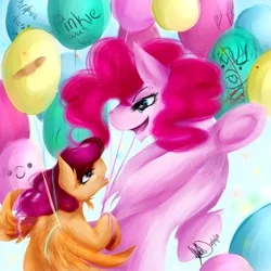 Size: 1500x1500 | Tagged: artist:cadenske, balloon, derpibooru import, flying, pinkie pie, safe, scootaloo