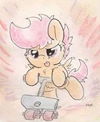 Size: 640x781 | Tagged: safe, artist:slightlyshade, derpibooru import, scootaloo, cheek fluff, cute, fluffy, scooter, solo, tongue out, traditional art